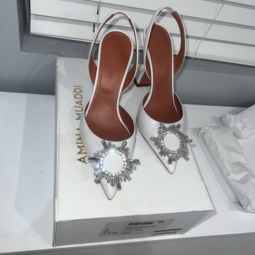 Amina Muaddi White Heels with Silver Accents